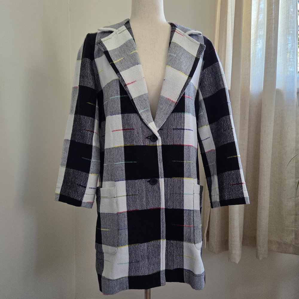Anthropologie Odells Black and White Plaid Cotton Top Coat, Small